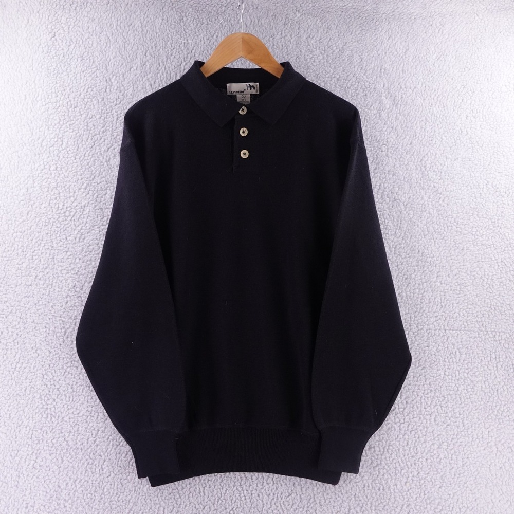 Vintage I Levrieri Mens XL Black Pure Merino Wool Long Sleeve Polo Sweater Italy